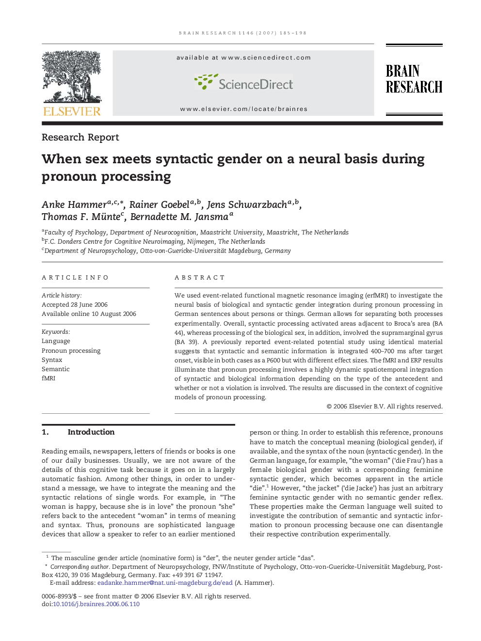 When sex meets syntactic gender on a neural basis during pronoun processing