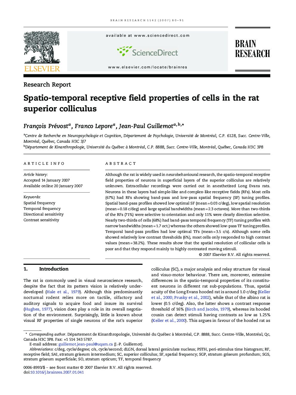 Spatio-temporal receptive field properties of cells in the rat superior colliculus
