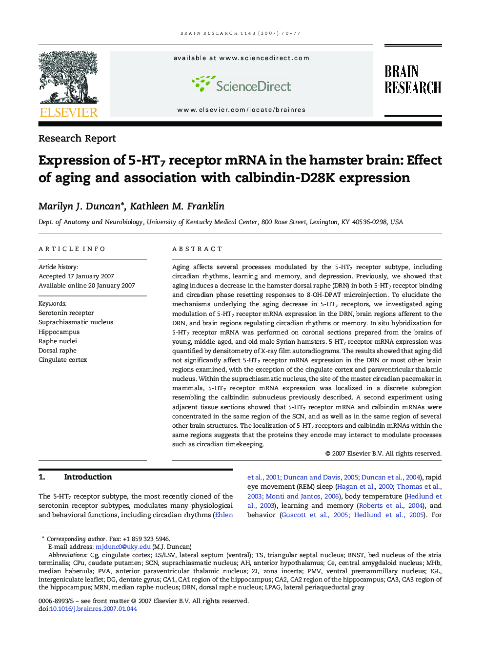 Expression of 5-HT7 receptor mRNA in the hamster brain: Effect of aging and association with calbindin-D28K expression