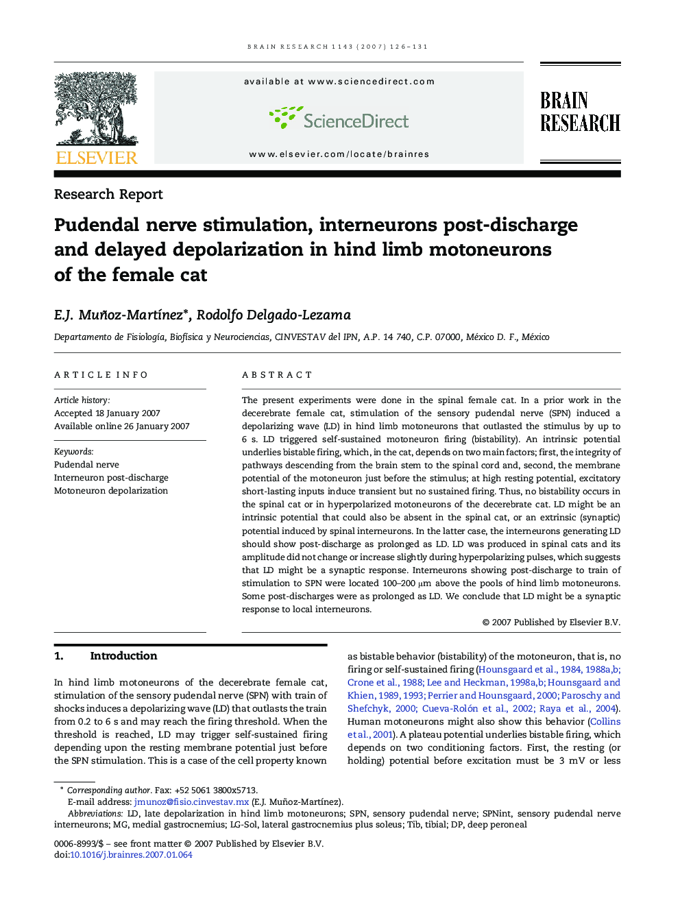 Pudendal nerve stimulation, interneurons post-discharge and delayed depolarization in hind limb motoneurons of the female cat