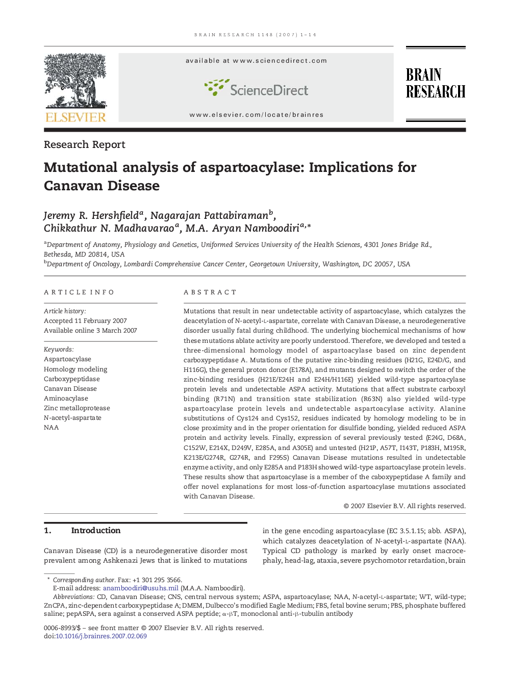 Mutational analysis of aspartoacylase: Implications for Canavan Disease