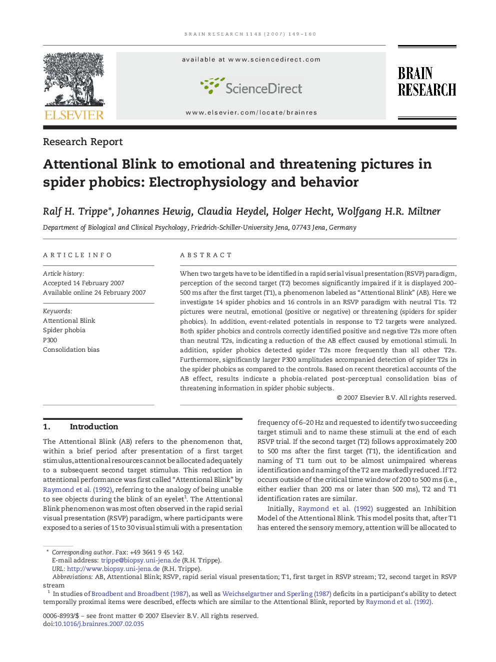 Attentional Blink to emotional and threatening pictures in spider phobics: Electrophysiology and behavior