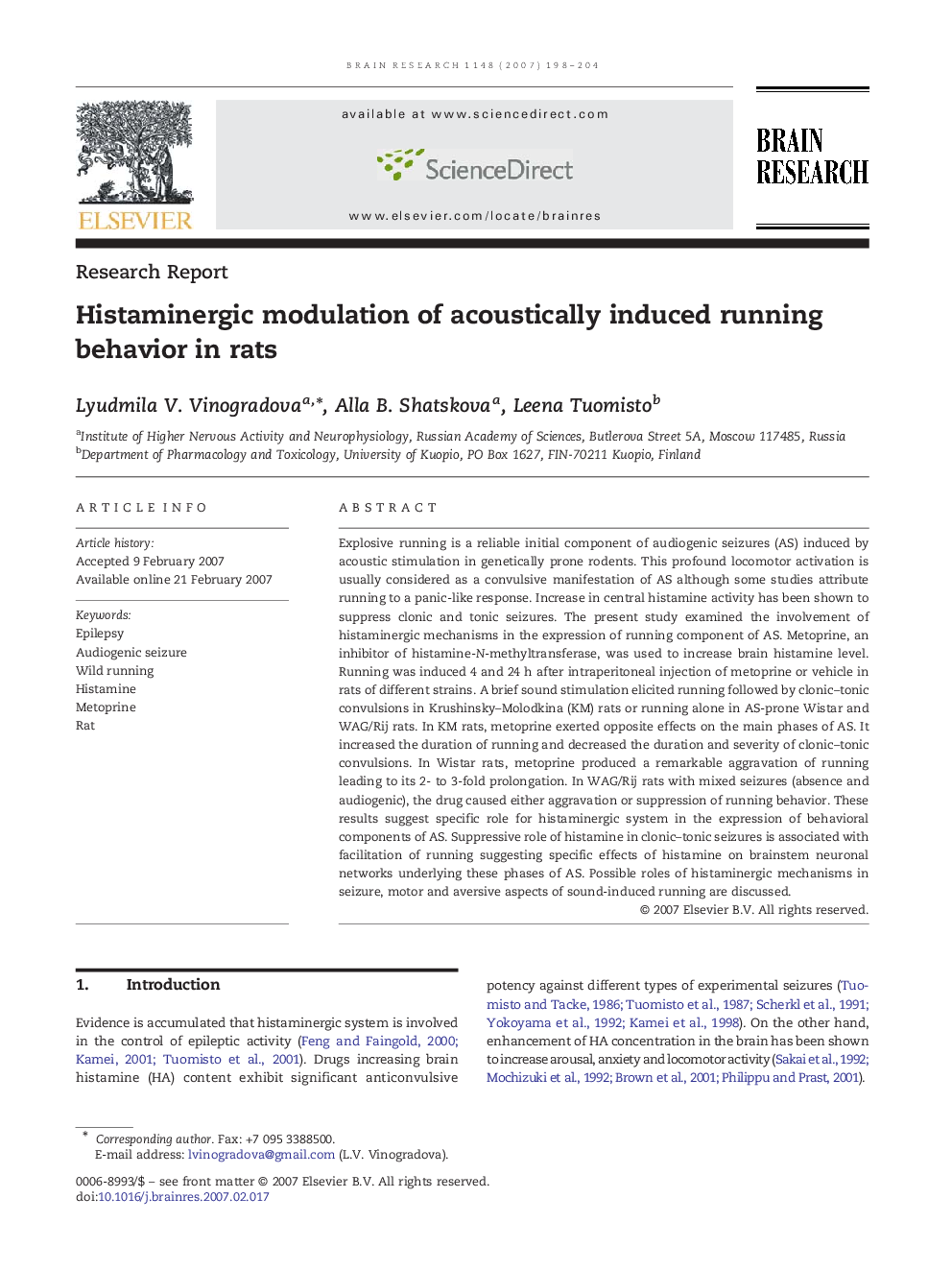 Histaminergic modulation of acoustically induced running behavior in rats