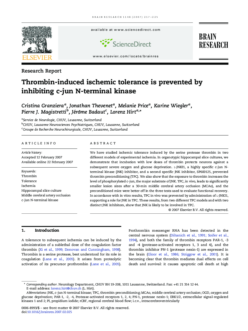 Thrombin-induced ischemic tolerance is prevented by inhibiting c-jun N-terminal kinase