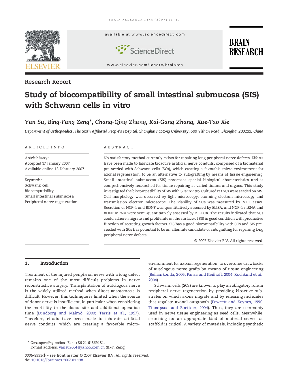 Study of biocompatibility of small intestinal submucosa (SIS) with Schwann cells in vitro