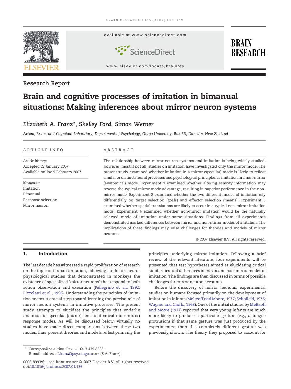 Brain and cognitive processes of imitation in bimanual situations: Making inferences about mirror neuron systems