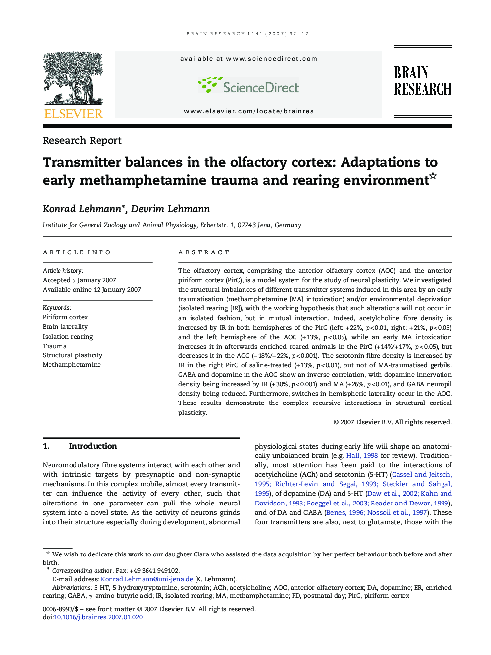 Transmitter balances in the olfactory cortex: Adaptations to early methamphetamine trauma and rearing environment