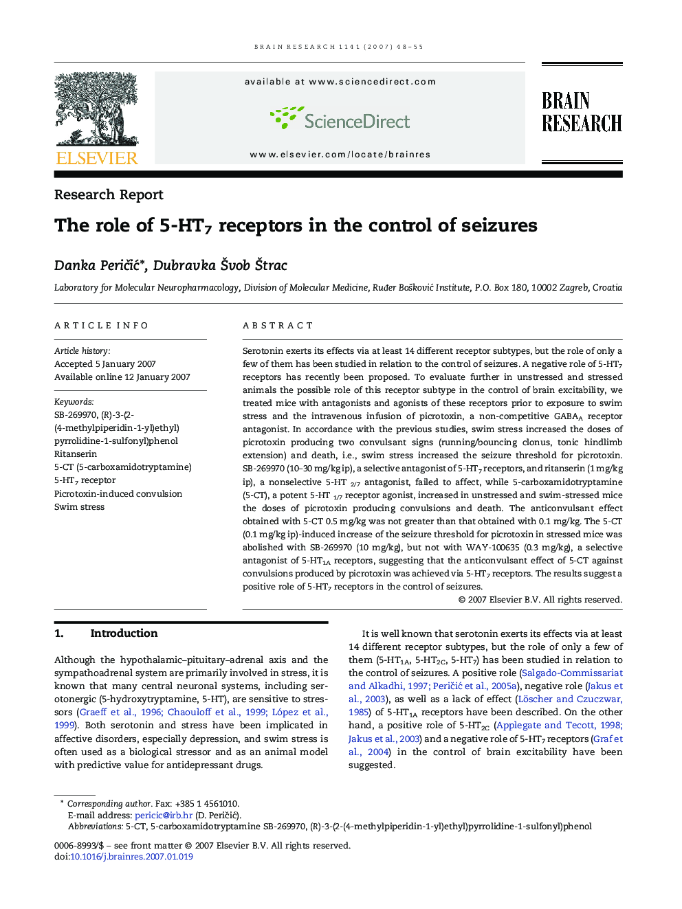 The role of 5-HT7 receptors in the control of seizures