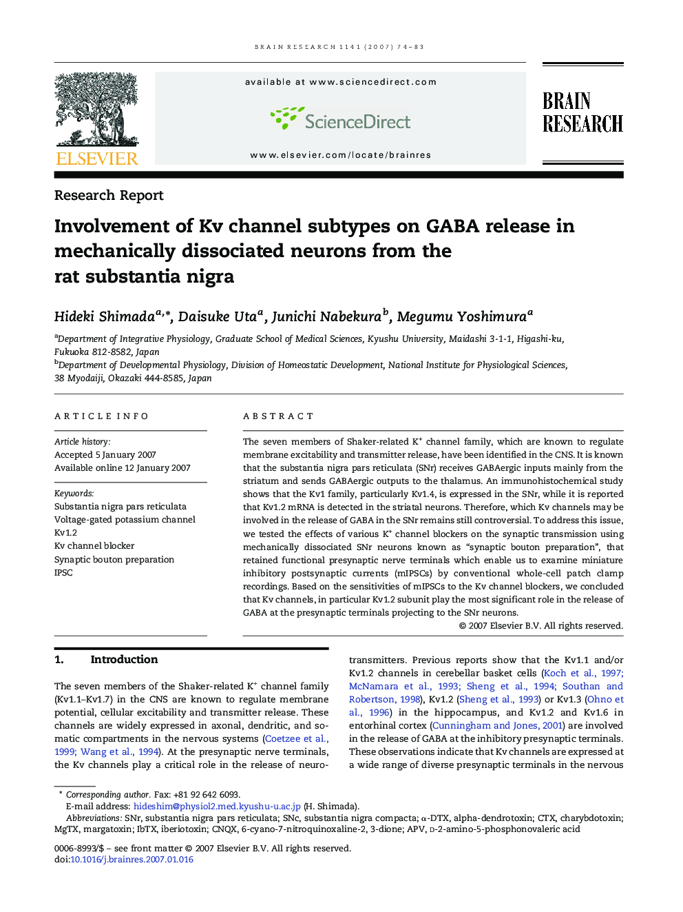 Involvement of Kv channel subtypes on GABA release in mechanically dissociated neurons from the rat substantia nigra