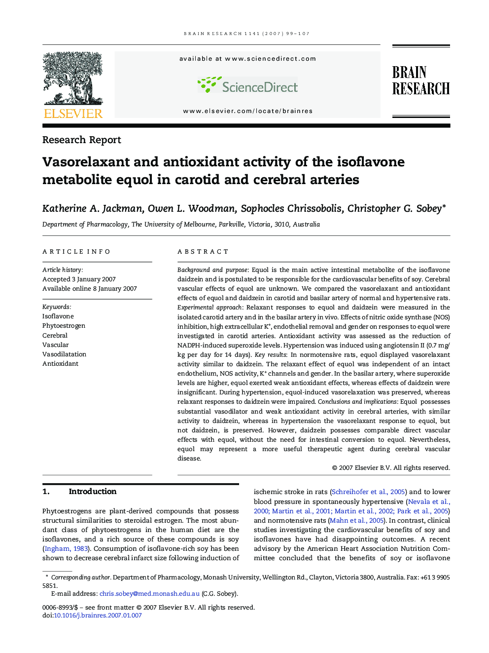 Vasorelaxant and antioxidant activity of the isoflavone metabolite equol in carotid and cerebral arteries