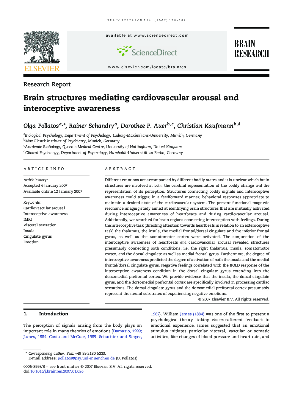 Brain structures mediating cardiovascular arousal and interoceptive awareness