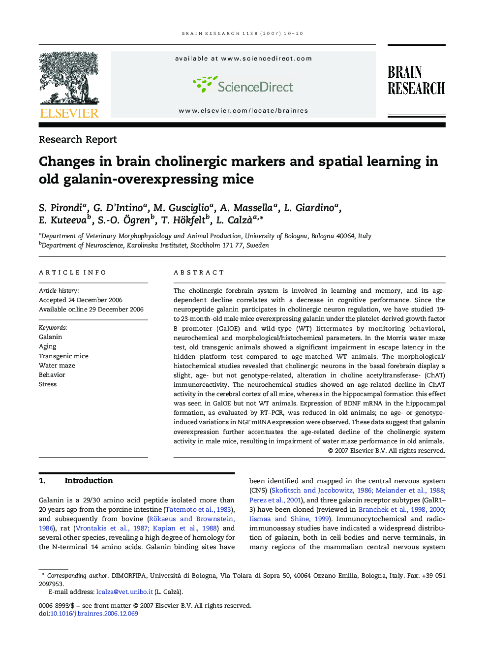 Changes in brain cholinergic markers and spatial learning in old galanin-overexpressing mice