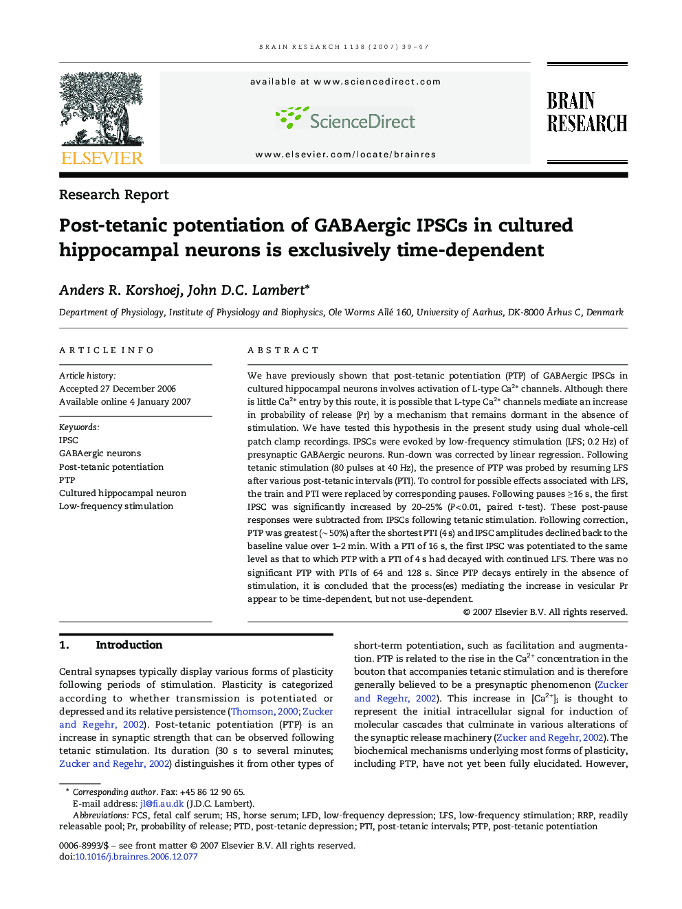 Post-tetanic potentiation of GABAergic IPSCs in cultured hippocampal neurons is exclusively time-dependent