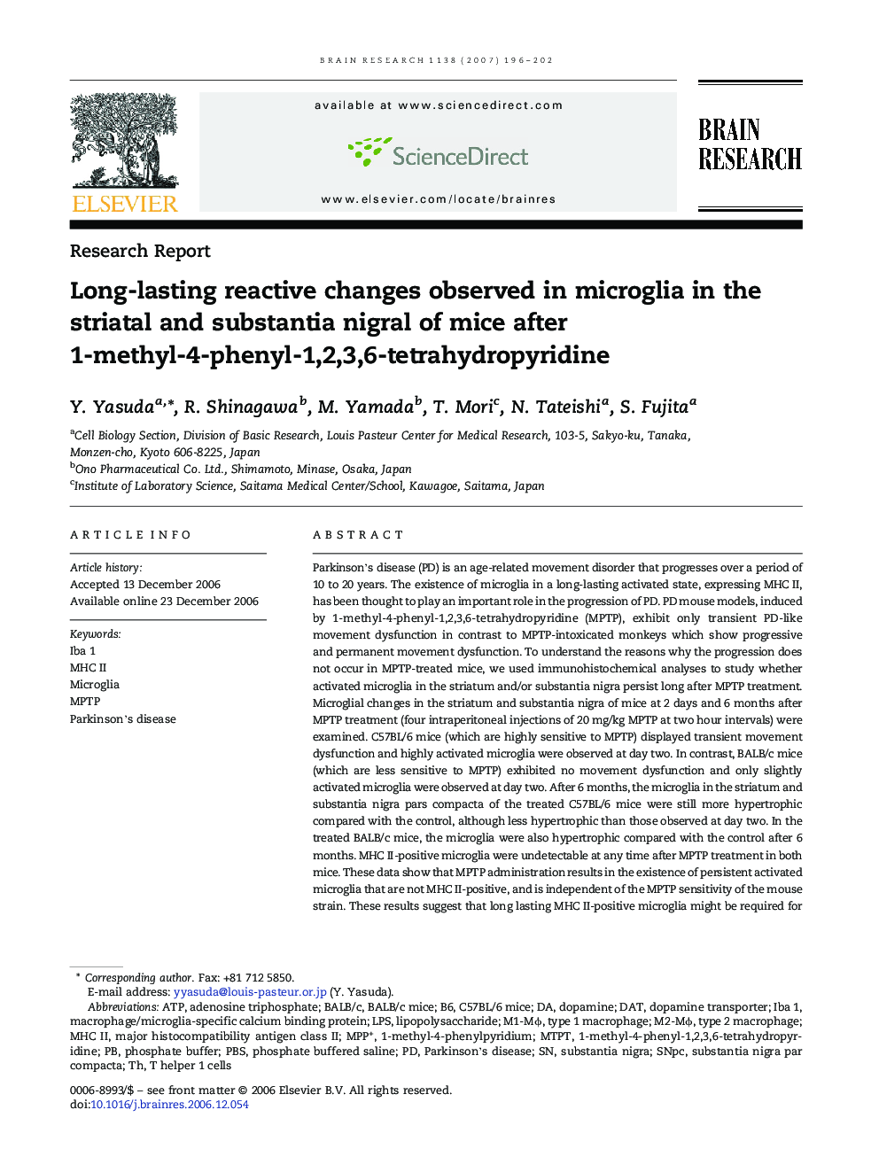 Long-lasting reactive changes observed in microglia in the striatal and substantia nigral of mice after 1-methyl-4-phenyl-1,2,3,6-tetrahydropyridine
