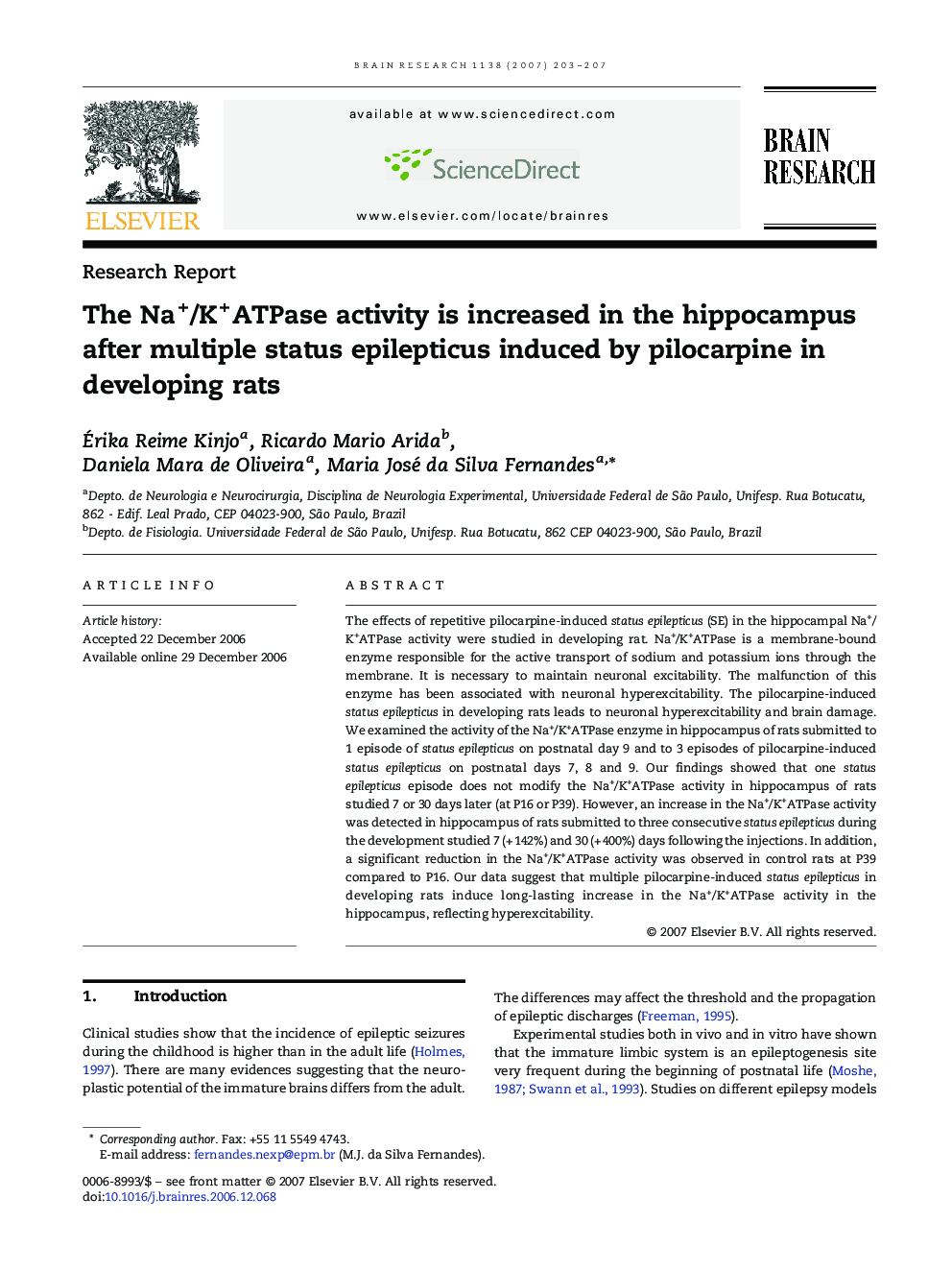 The Na+/K+ATPase activity is increased in the hippocampus after multiple status epilepticus induced by pilocarpine in developing rats