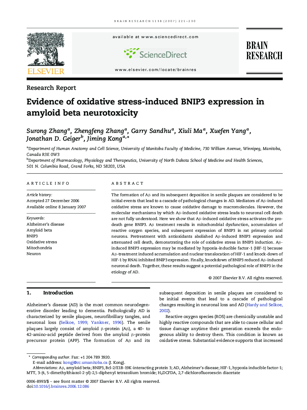 Evidence of oxidative stress-induced BNIP3 expression in amyloid beta neurotoxicity