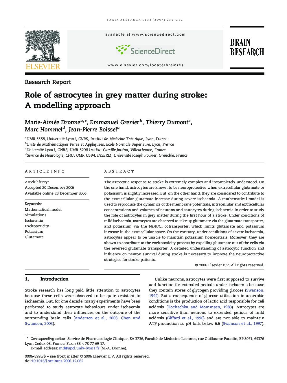 Role of astrocytes in grey matter during stroke: A modelling approach