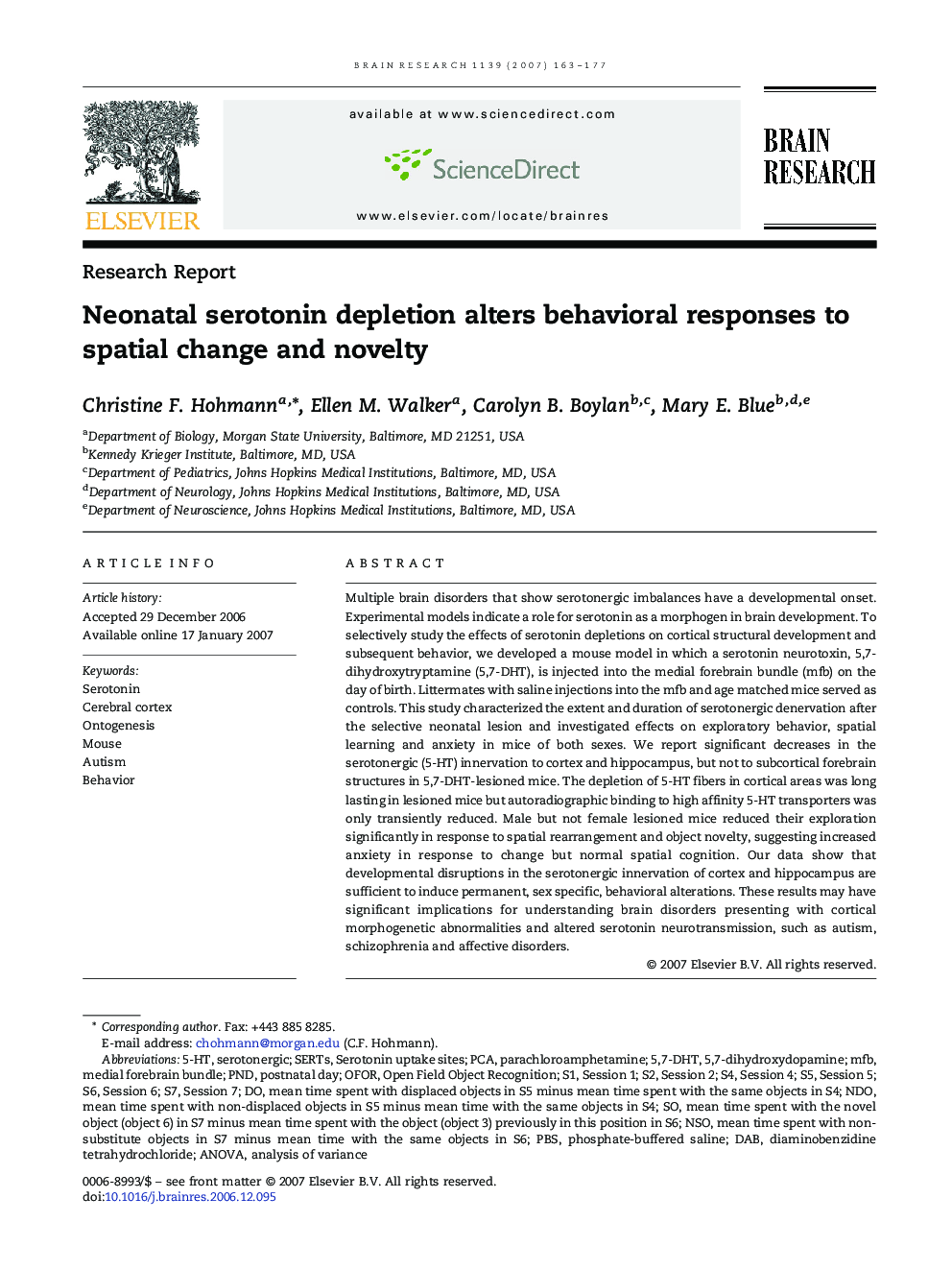 Neonatal serotonin depletion alters behavioral responses to spatial change and novelty