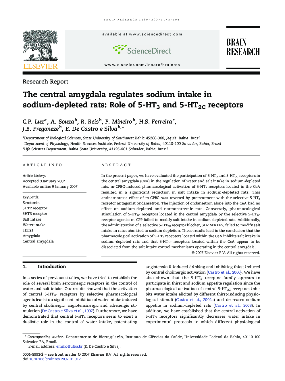 The central amygdala regulates sodium intake in sodium-depleted rats: Role of 5-HT3 and 5-HT2C receptors