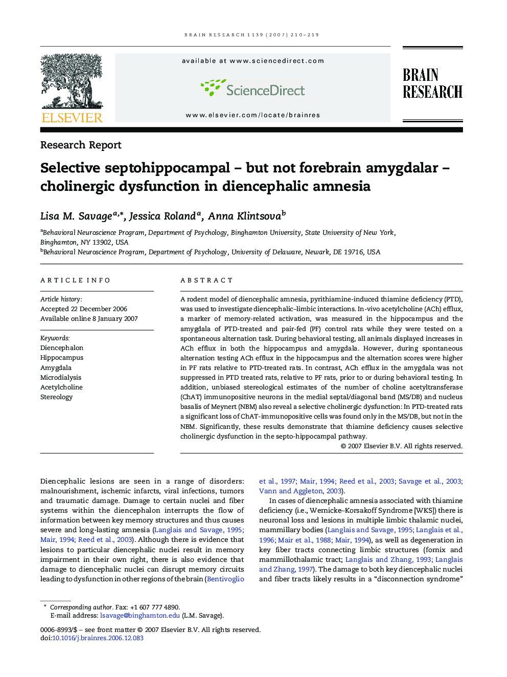 Selective septohippocampal – but not forebrain amygdalar – cholinergic dysfunction in diencephalic amnesia