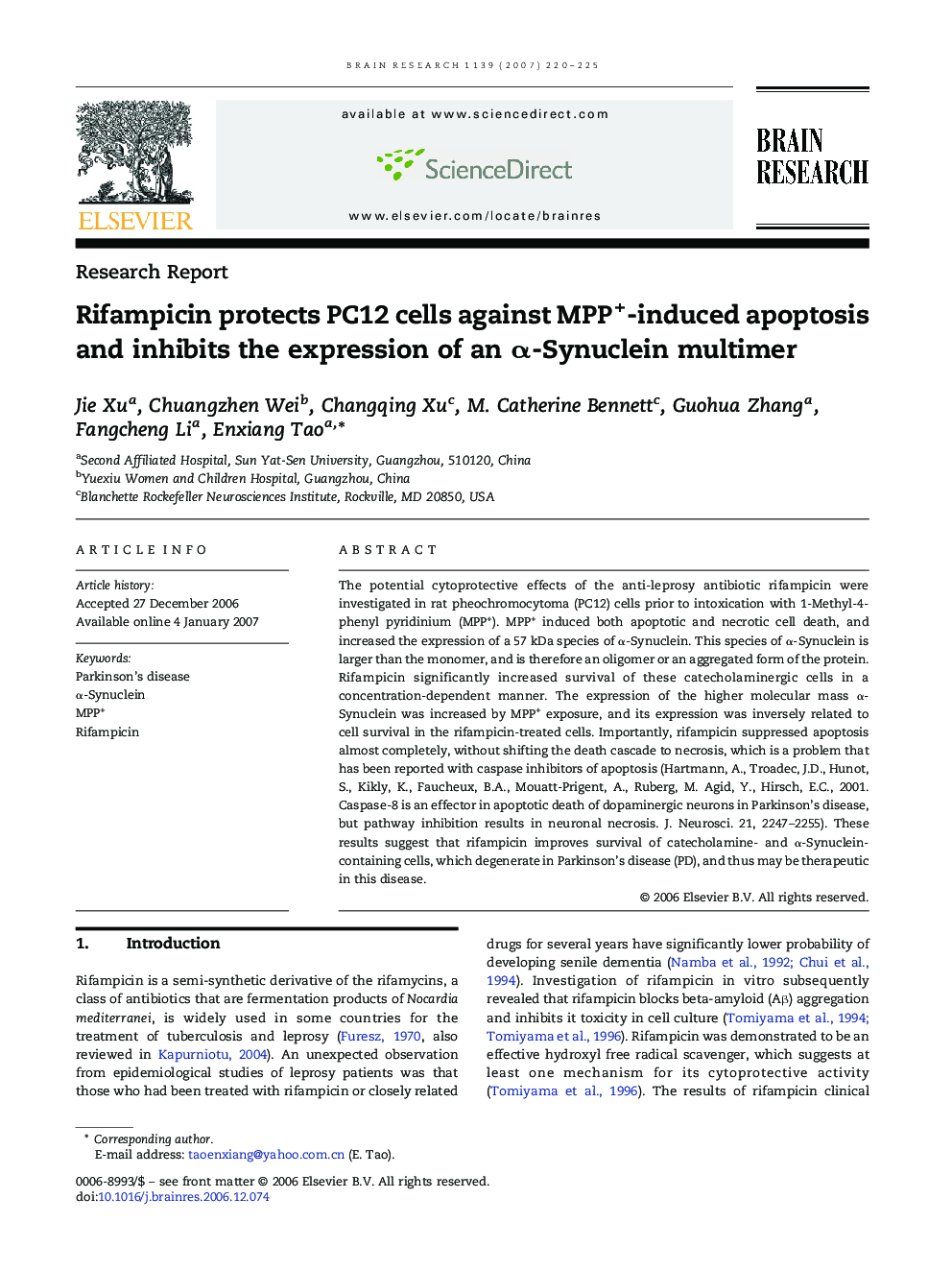 Rifampicin protects PC12 cells against MPP+-induced apoptosis and inhibits the expression of an α-Synuclein multimer