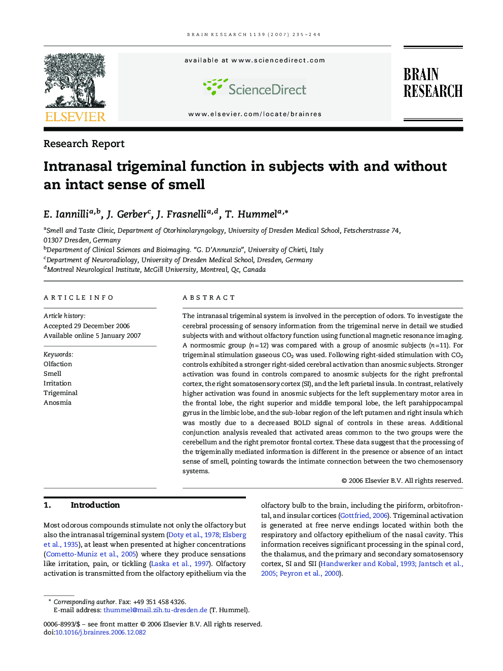 Intranasal trigeminal function in subjects with and without an intact sense of smell