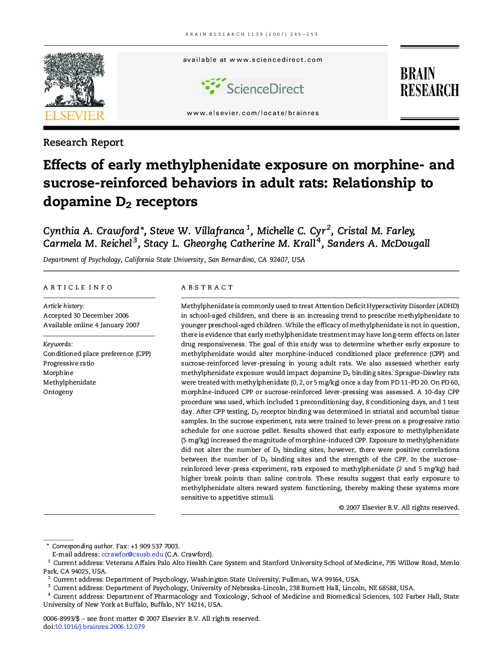 Effects of early methylphenidate exposure on morphine- and sucrose-reinforced behaviors in adult rats: Relationship to dopamine D2 receptors