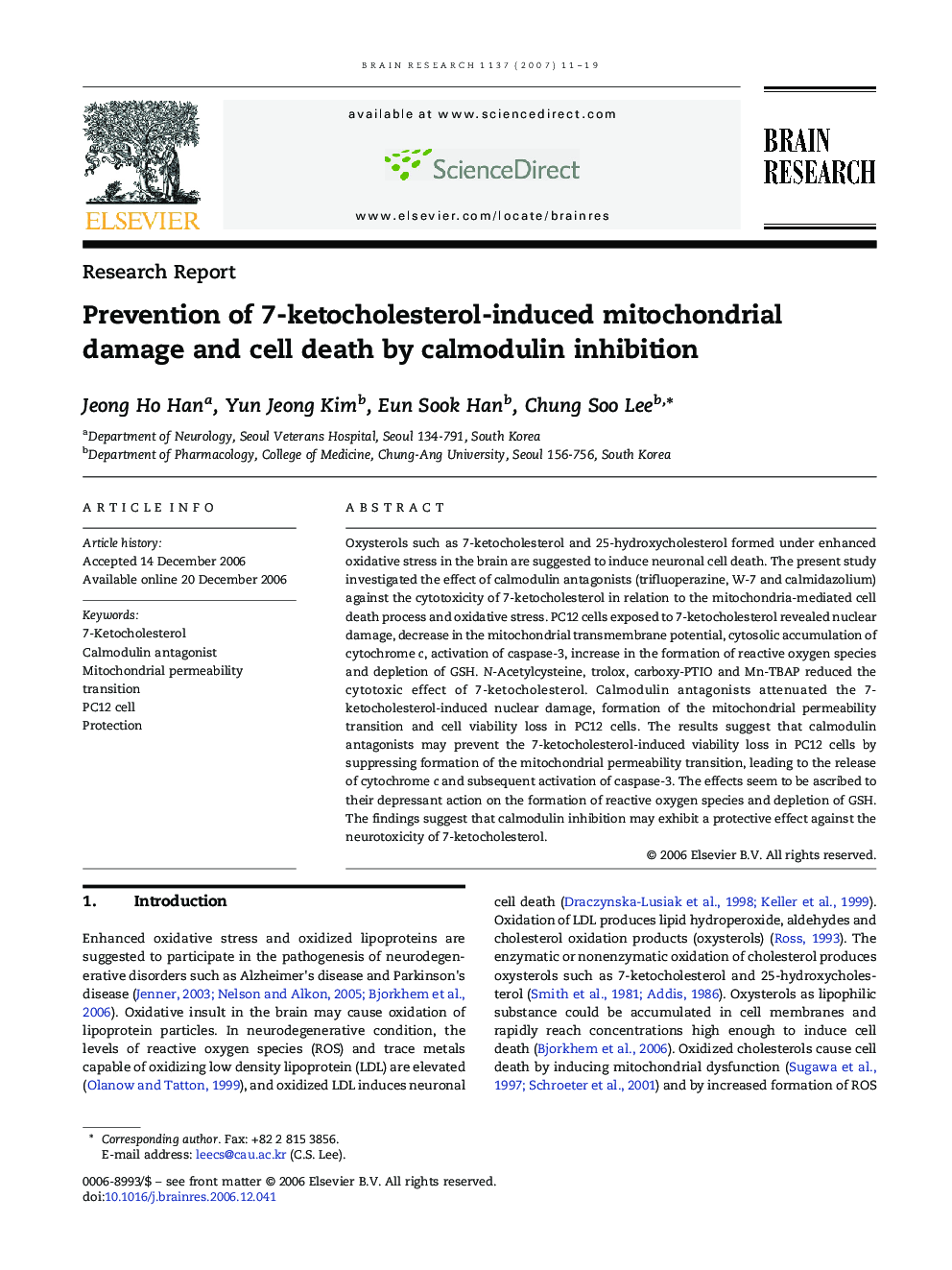 Prevention of 7-ketocholesterol-induced mitochondrial damage and cell death by calmodulin inhibition