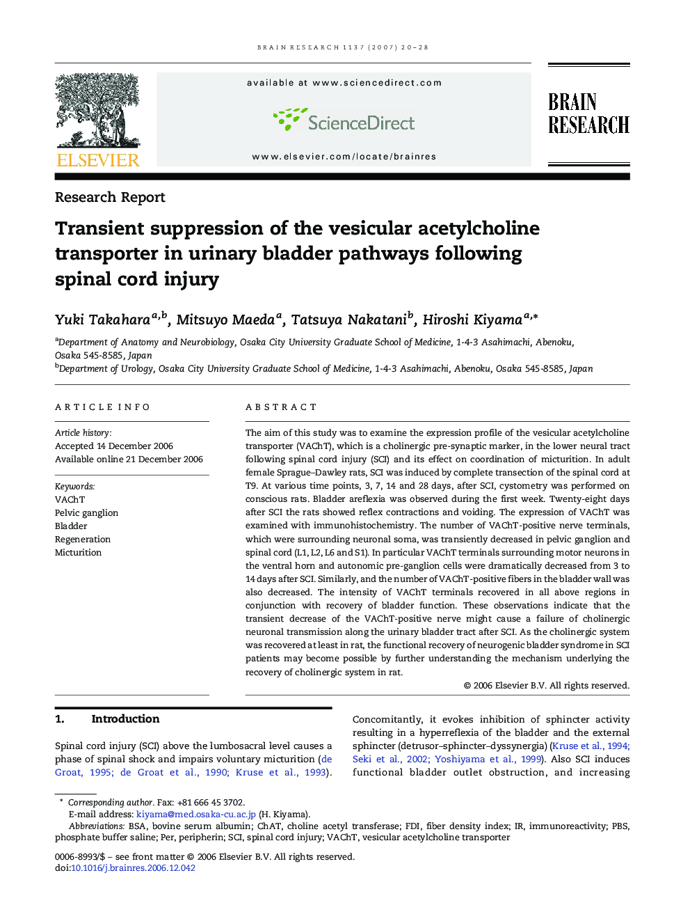 Transient suppression of the vesicular acetylcholine transporter in urinary bladder pathways following spinal cord injury