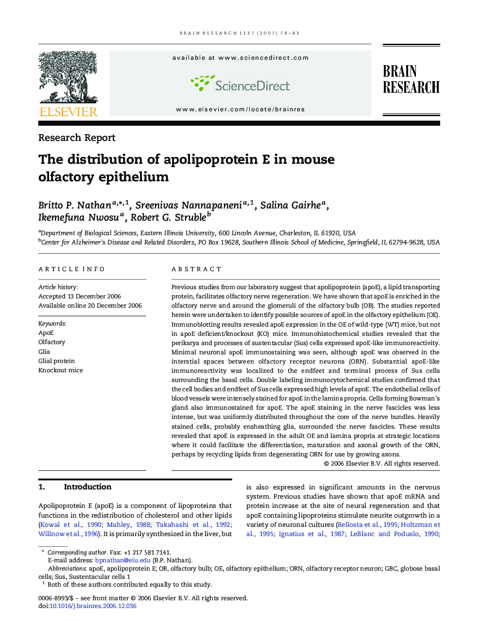 The distribution of apolipoprotein E in mouse olfactory epithelium