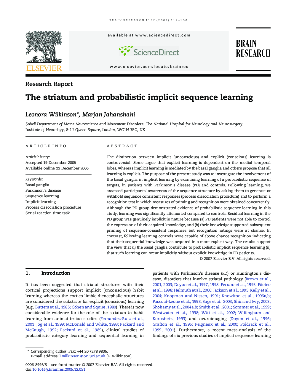 The striatum and probabilistic implicit sequence learning