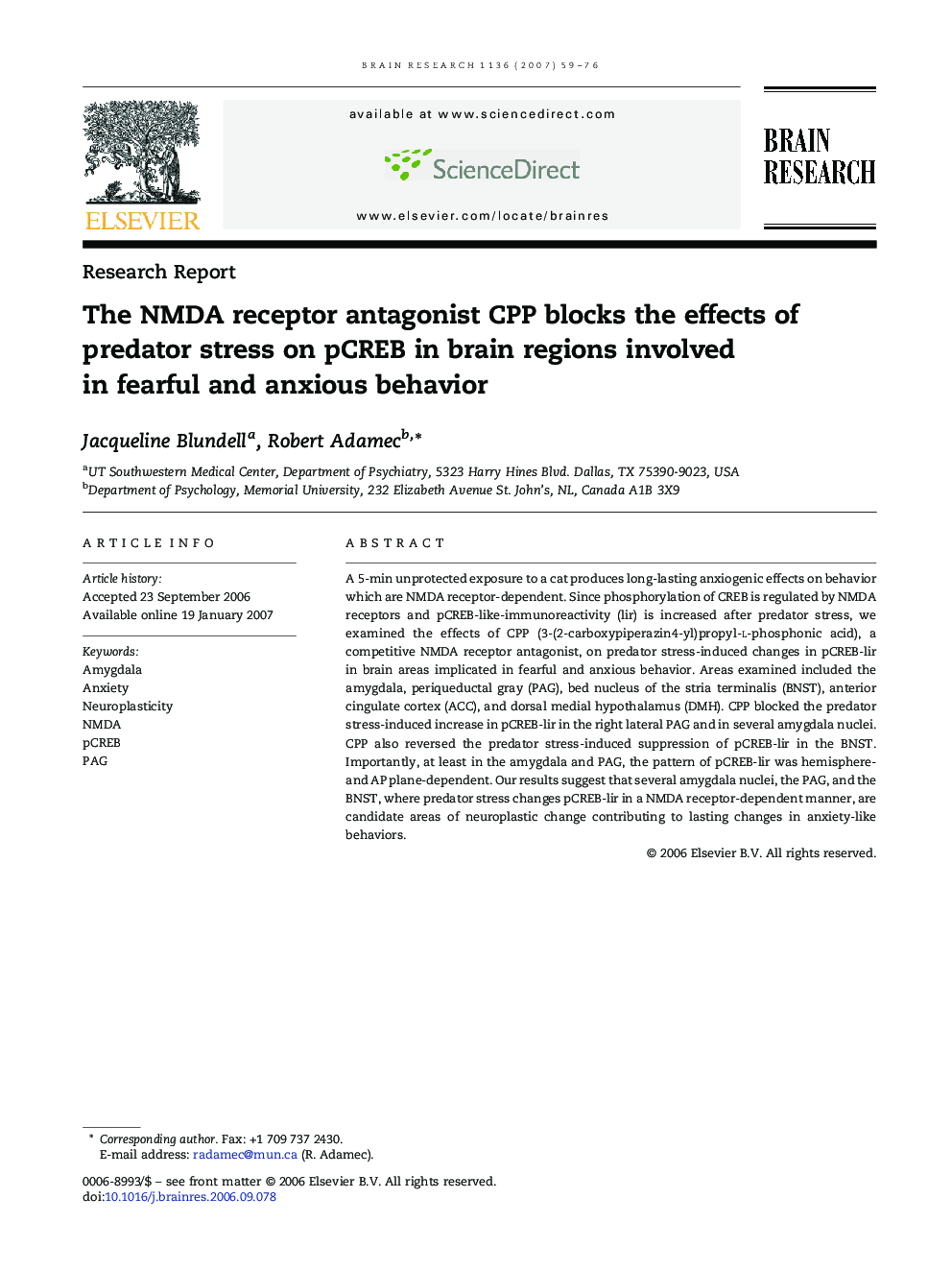 The NMDA receptor antagonist CPP blocks the effects of predator stress on pCREB in brain regions involved in fearful and anxious behavior