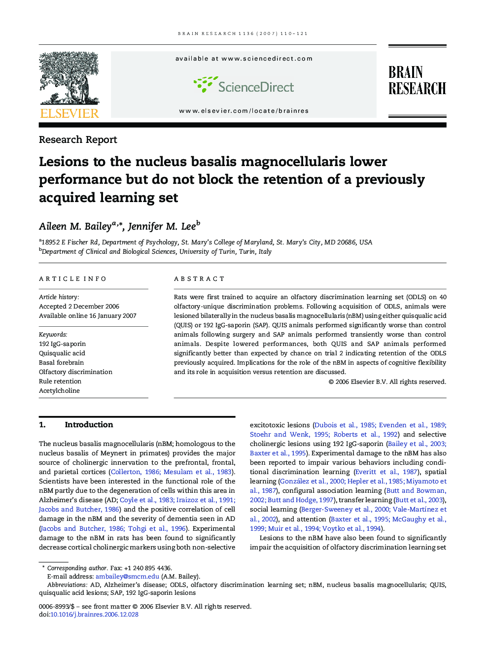 Lesions to the nucleus basalis magnocellularis lower performance but do not block the retention of a previously acquired learning set