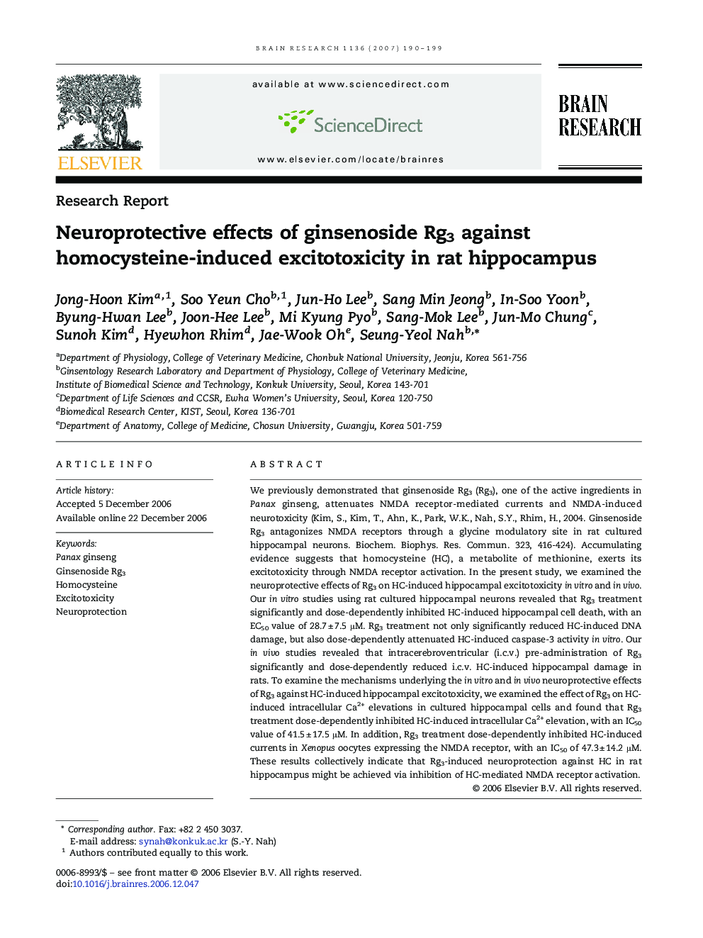 Neuroprotective effects of ginsenoside Rg3 against homocysteine-induced excitotoxicity in rat hippocampus