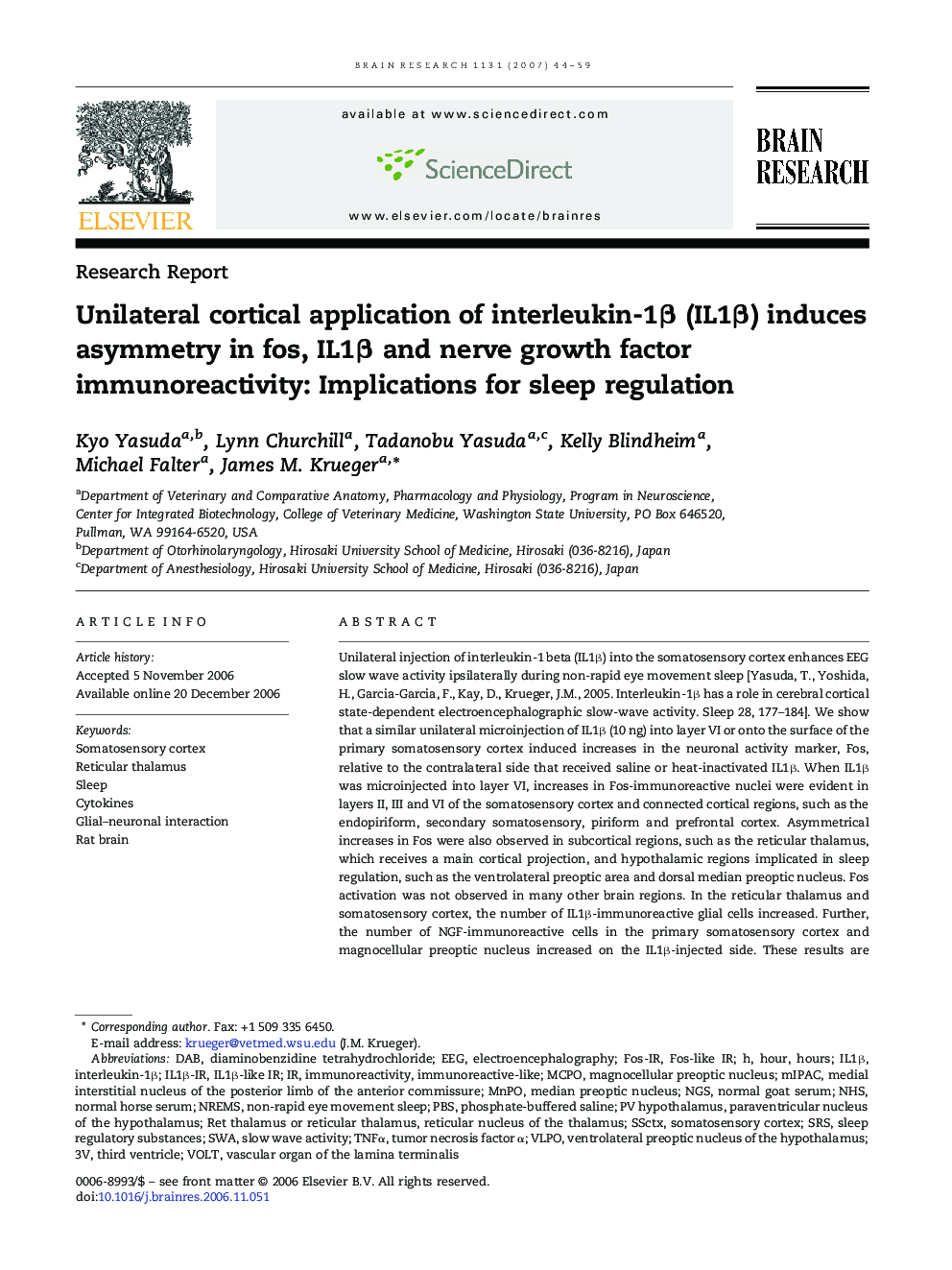 Unilateral cortical application of interleukin-1β (IL1β) induces asymmetry in fos, IL1β and nerve growth factor immunoreactivity: Implications for sleep regulation