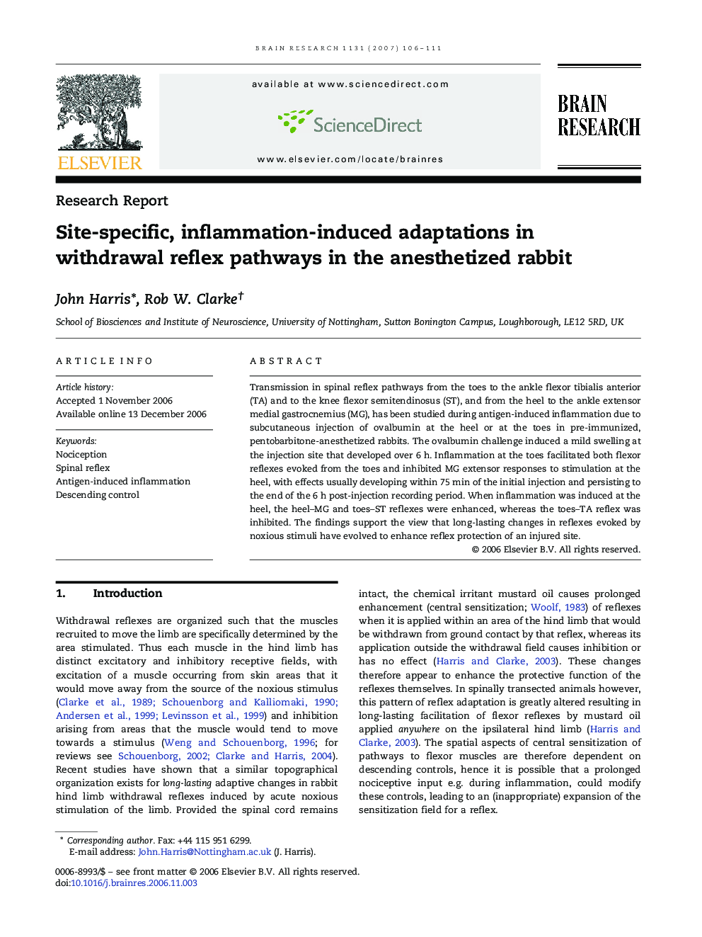 Site-specific, inflammation-induced adaptations in withdrawal reflex pathways in the anesthetized rabbit