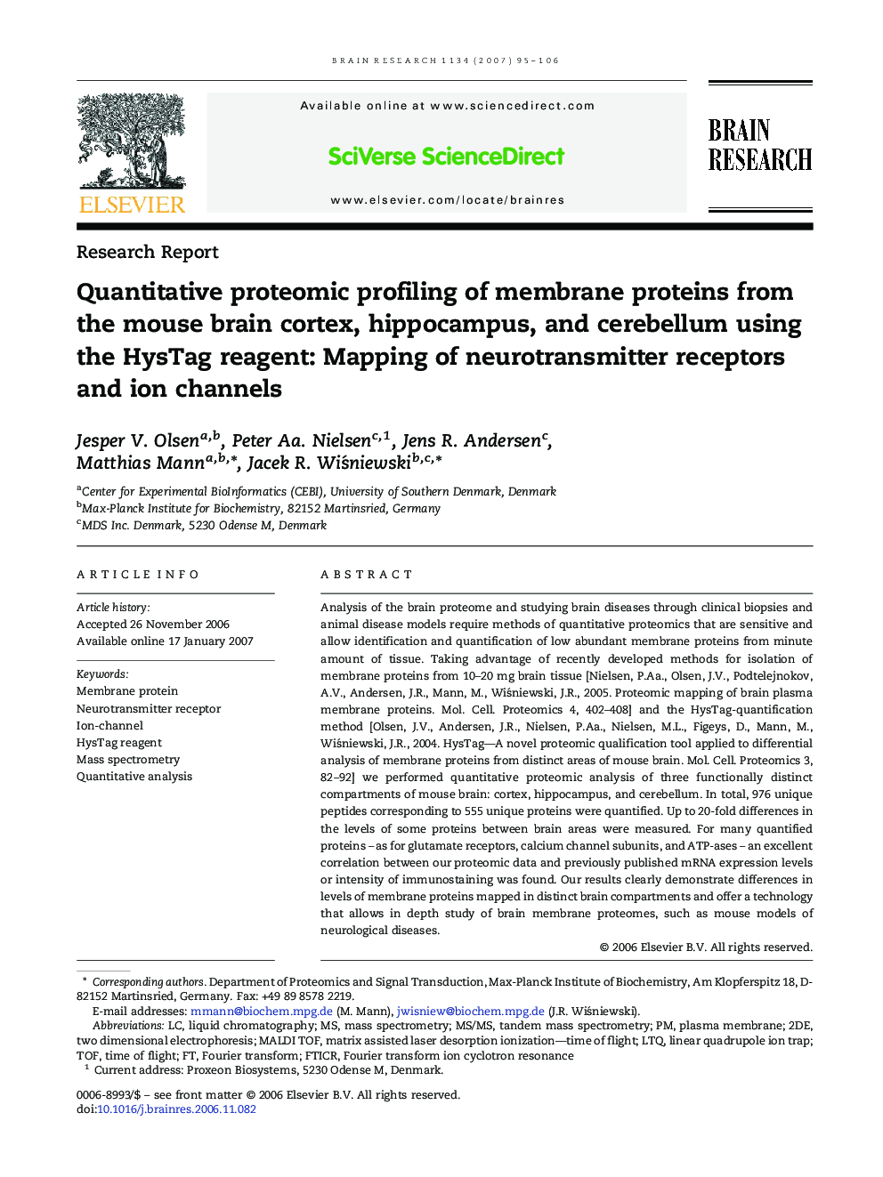 Quantitative proteomic profiling of membrane proteins from the mouse brain cortex, hippocampus, and cerebellum using the HysTag reagent: Mapping of neurotransmitter receptors and ion channels