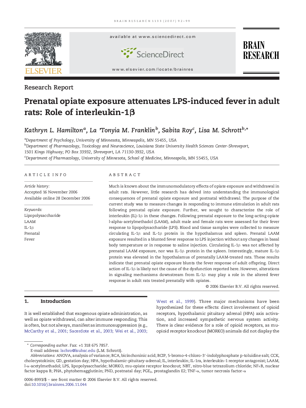 Prenatal opiate exposure attenuates LPS-induced fever in adult rats: Role of interleukin-1β