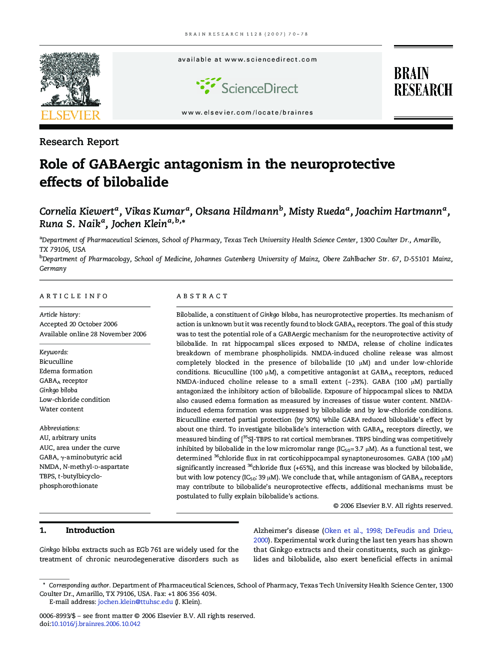 Role of GABAergic antagonism in the neuroprotective effects of bilobalide