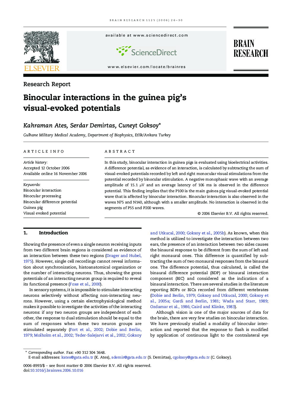 Binocular interactions in the guinea pig's visual-evoked potentials