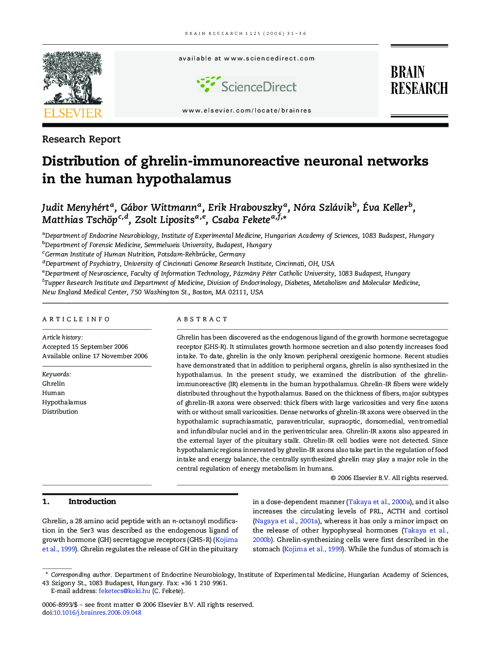 Distribution of ghrelin-immunoreactive neuronal networks in the human hypothalamus