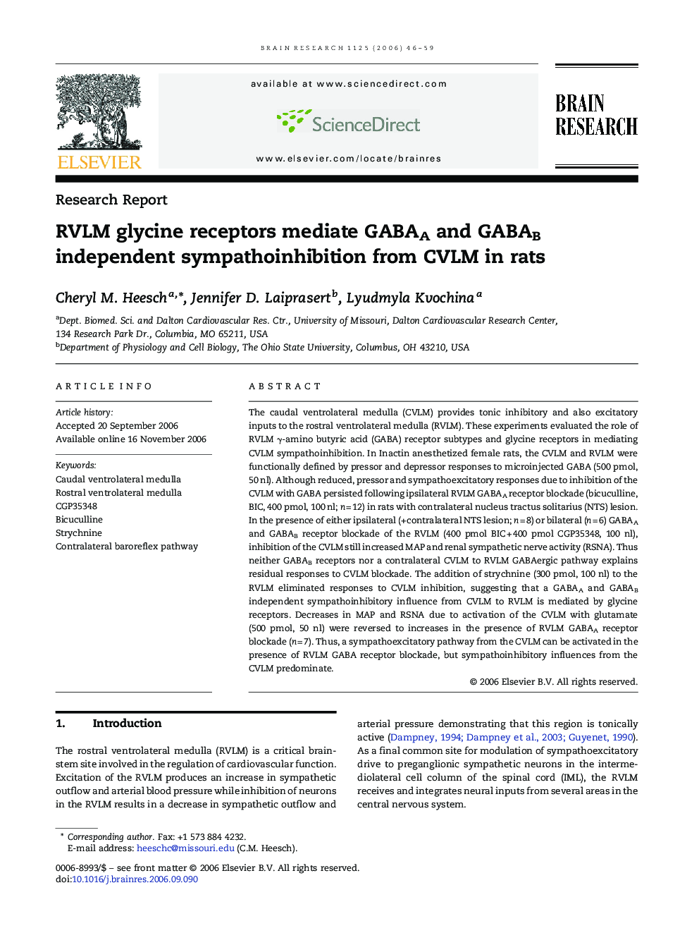 RVLM glycine receptors mediate GABAA and GABAB independent sympathoinhibition from CVLM in rats