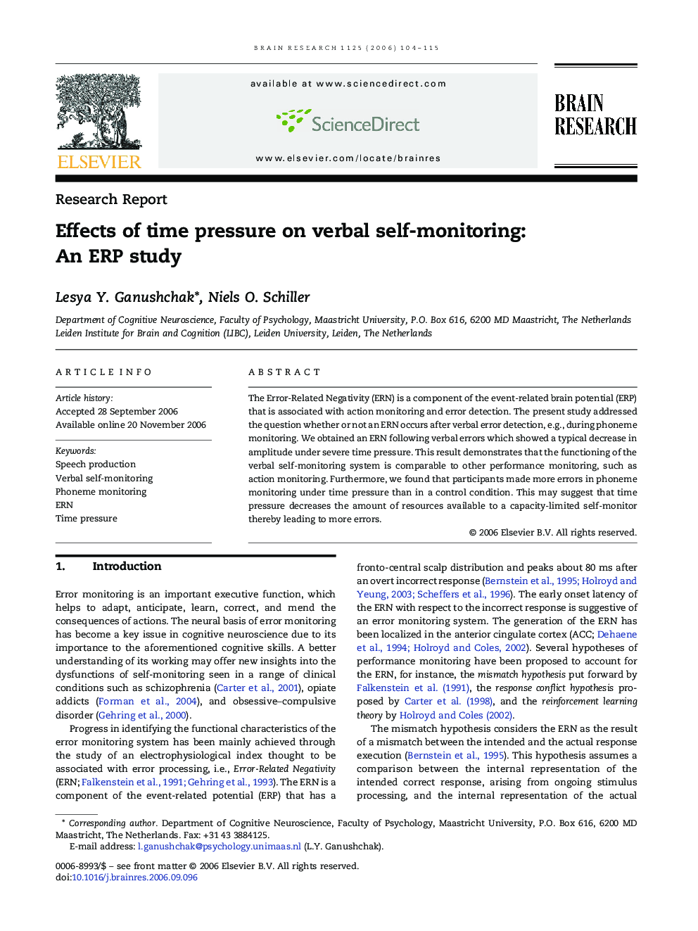 Effects of time pressure on verbal self-monitoring: An ERP study