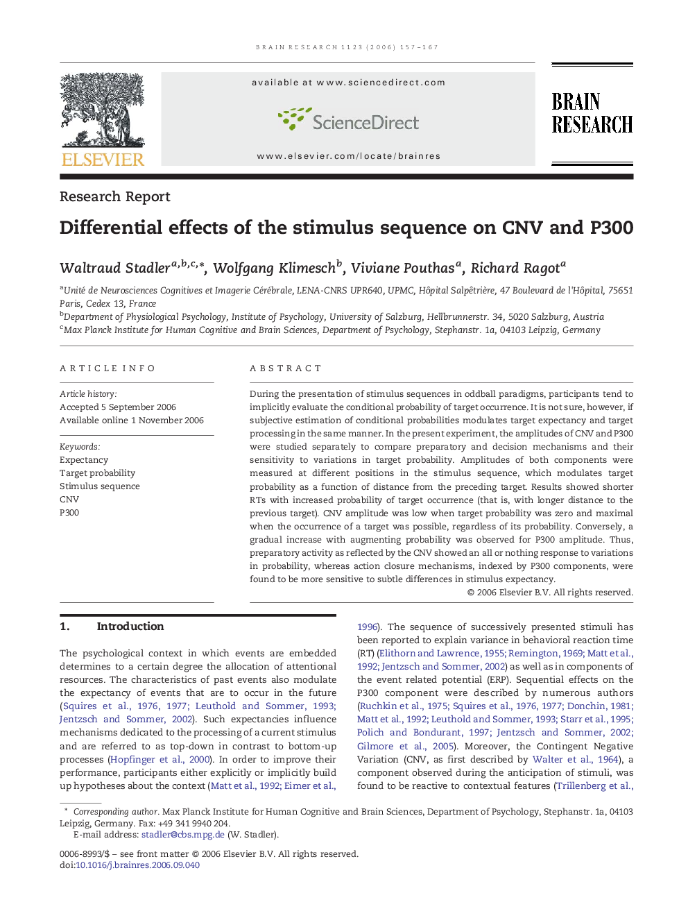 Differential effects of the stimulus sequence on CNV and P300