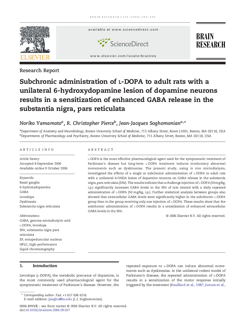 Subchronic administration of l-DOPA to adult rats with a unilateral 6-hydroxydopamine lesion of dopamine neurons results in a sensitization of enhanced GABA release in the substantia nigra, pars reticulata