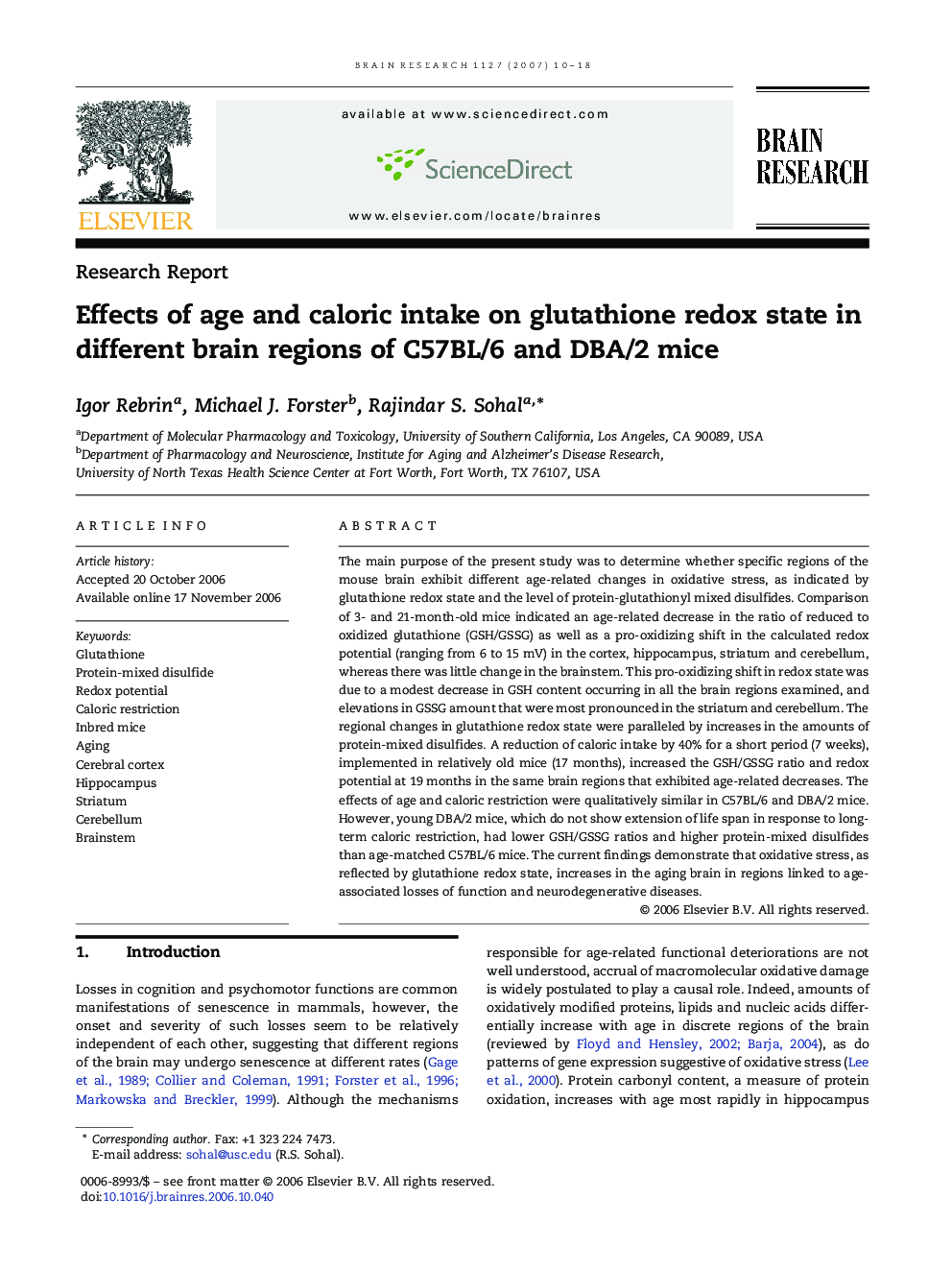 Effects of age and caloric intake on glutathione redox state in different brain regions of C57BL/6 and DBA/2 mice