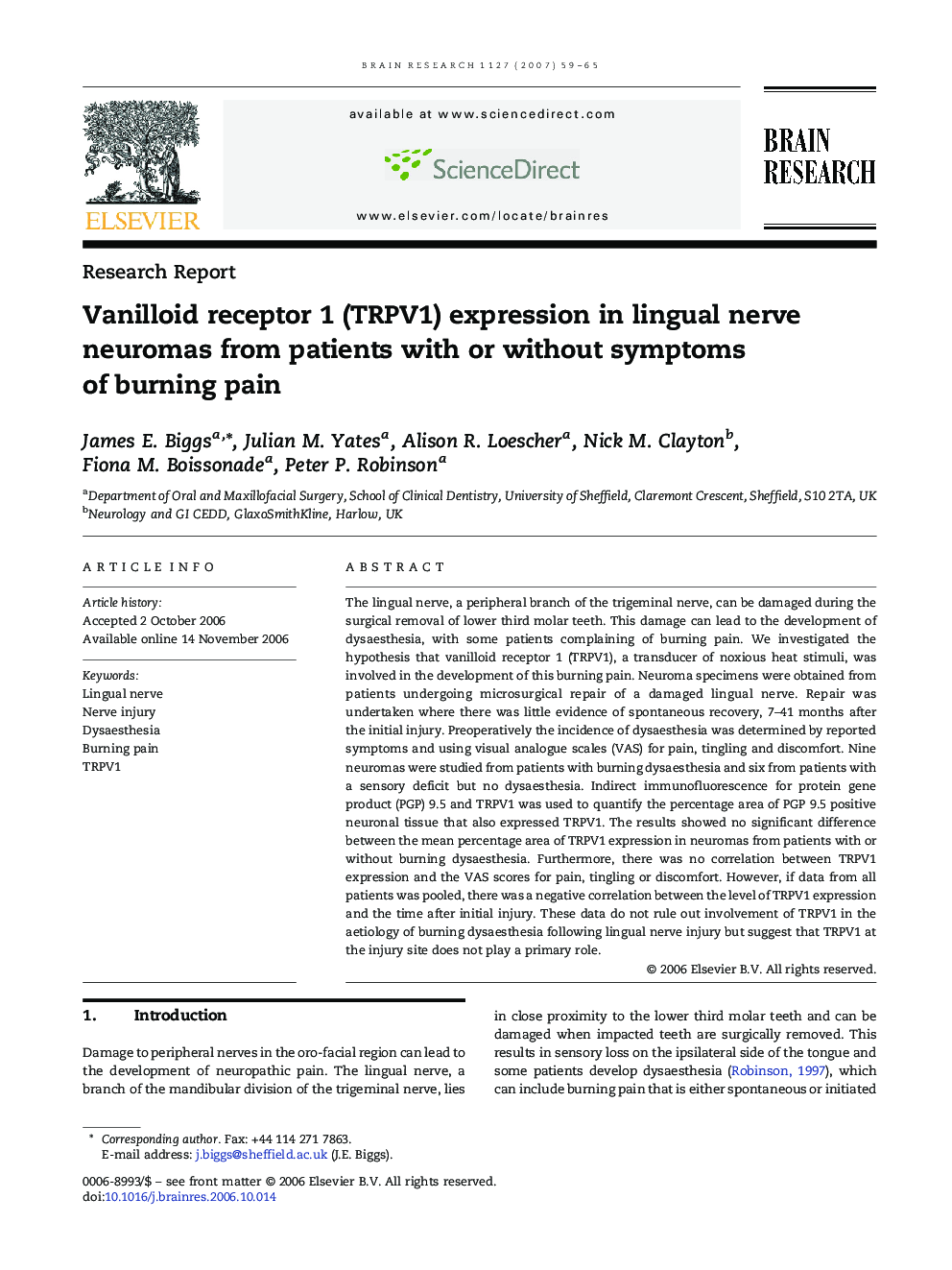 Vanilloid receptor 1 (TRPV1) expression in lingual nerve neuromas from patients with or without symptoms of burning pain