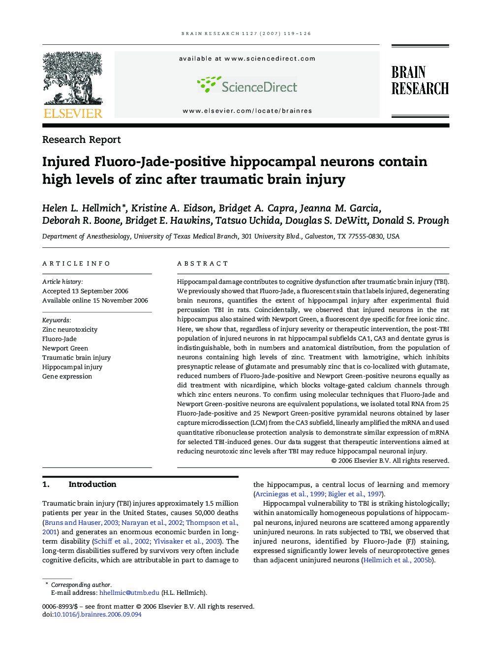 Injured Fluoro-Jade-positive hippocampal neurons contain high levels of zinc after traumatic brain injury