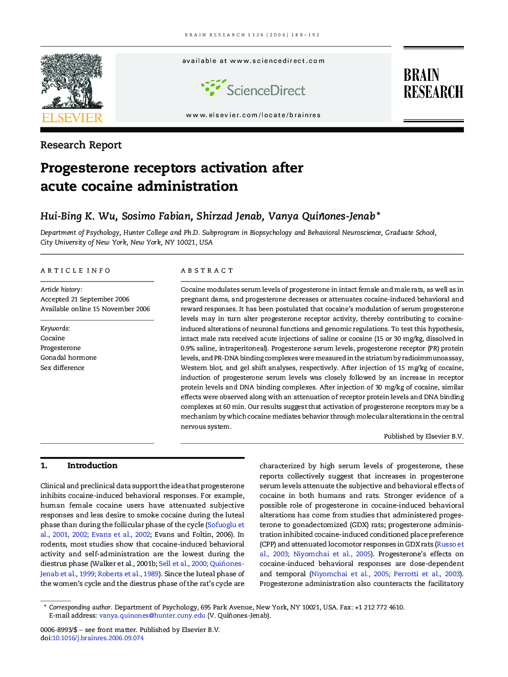Progesterone receptors activation after acute cocaine administration