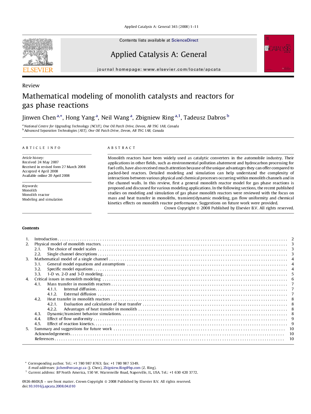 Mathematical modeling of monolith catalysts and reactors for gas phase reactions